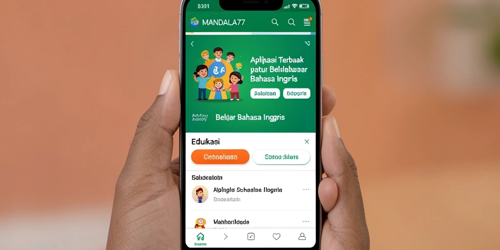 Antarmuka aplikasi MANDALA77 yang menarik untuk belajar bahasa Inggris.